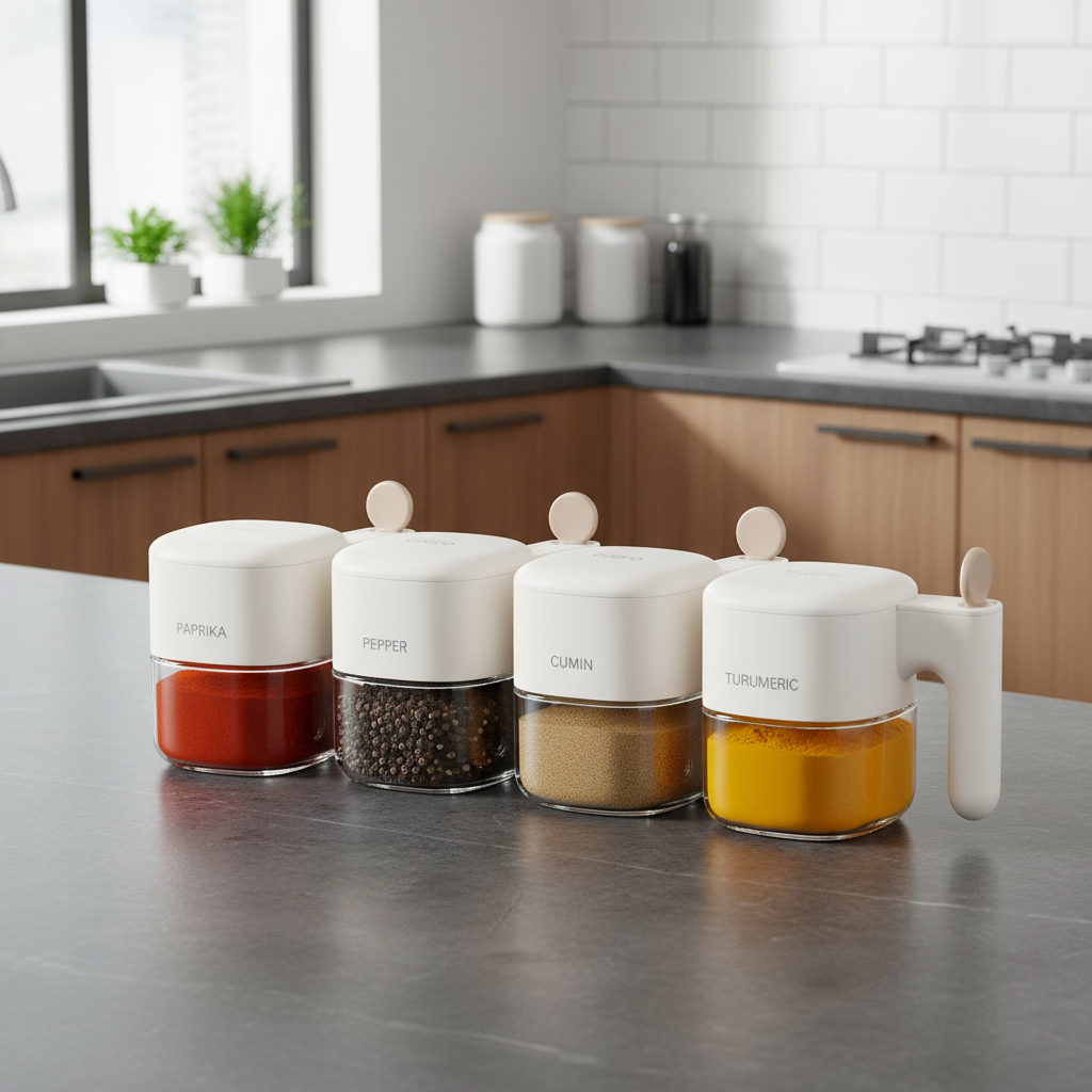 طقم 4 عبوات توابل زجاجية أنيقة بغطاء محكم